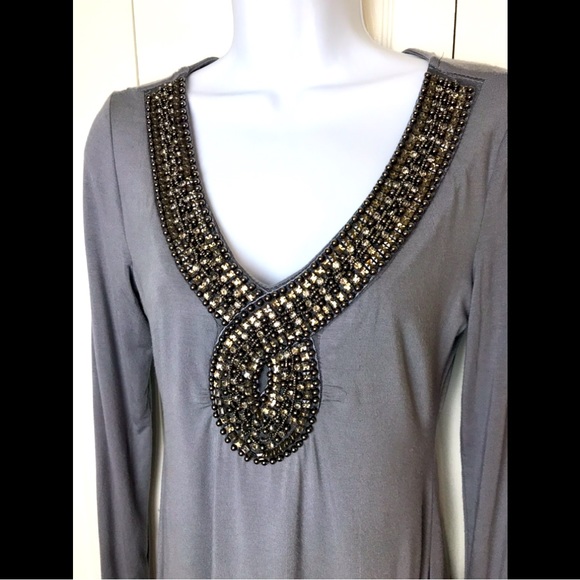 BOSTON PROPER Embellished Neckline Blouse Shirt Top Gray Necklace Rhinestones - Picture 3 of 11